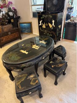 ✨ Vintage Chinese Chinoiserie Black Lacquer Nesting Coffee Table Set ✨
