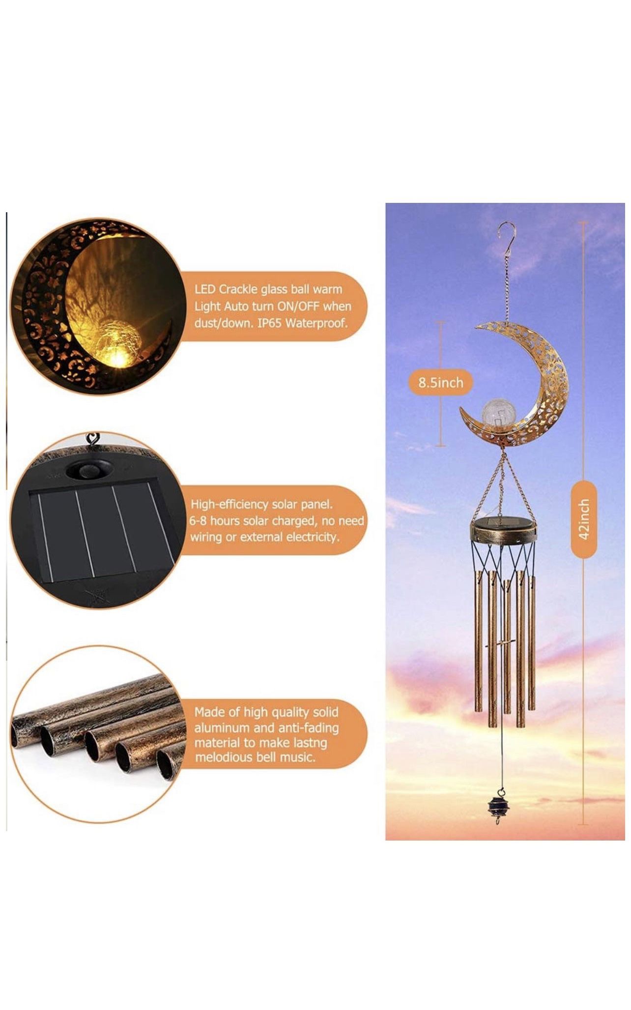 Solar Wind Chimes for Outside, Memorial Wind Chimes with Moon Crackle Glass Ball Warm LED Light, Sympathy Wind Chimes with Metal Tubes Waterproof Uniq