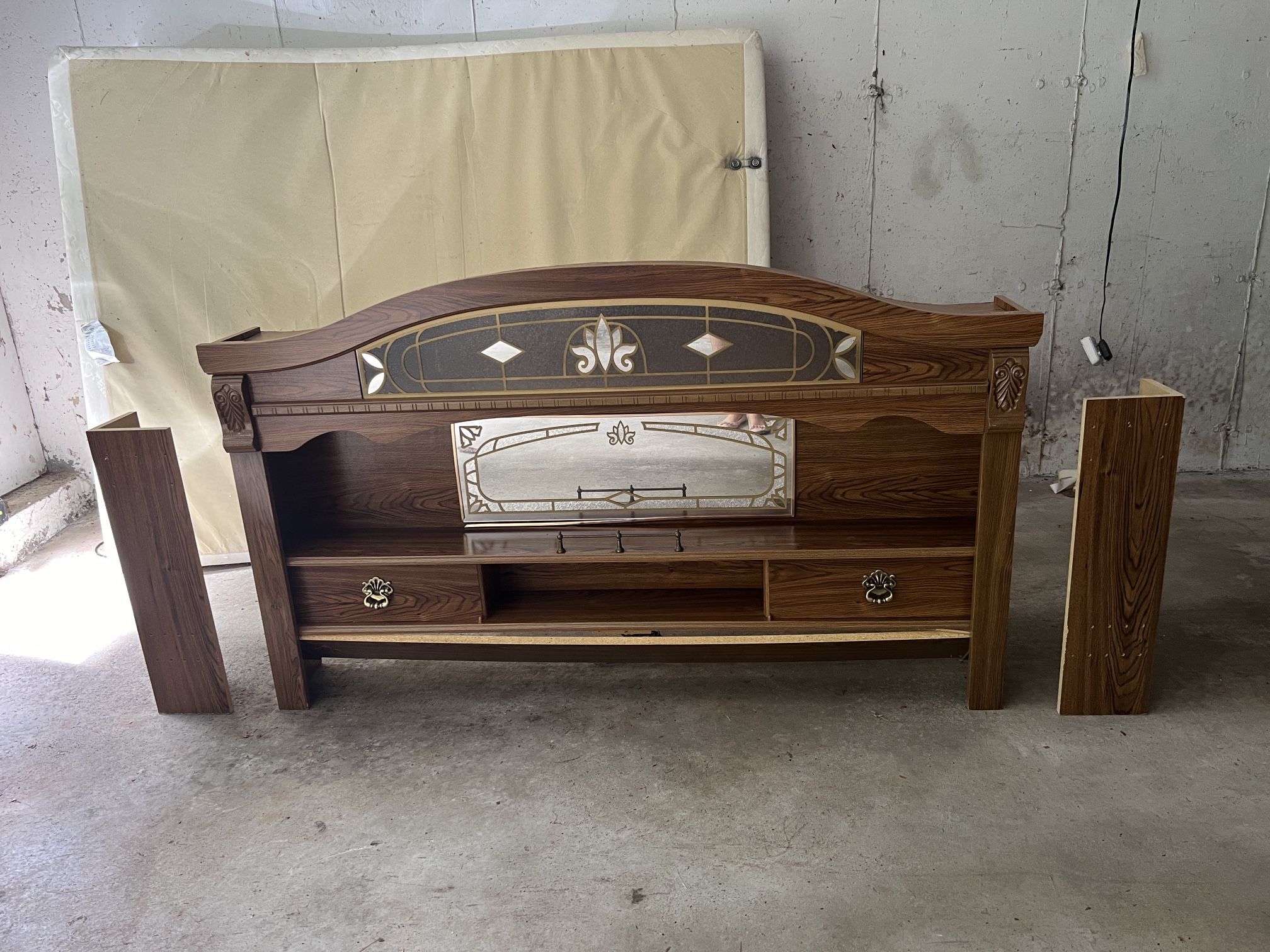 Vintage Wooden Queen Bed Headboard With Mirrors And Drawers