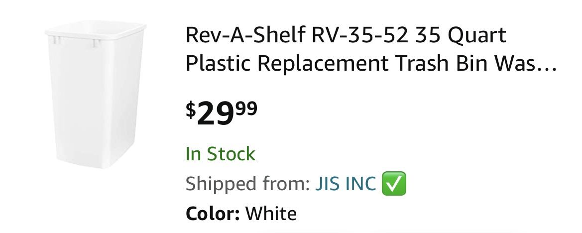 Rev-A-Shelf RV-35-52 35 Quart Plastic Replacement Trash Bin Waste Container for Pull Out Waste Systems, White