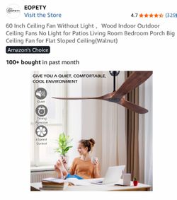 60 Inch Ceiling Fan Without Light, Wood Indoor Outdoor Ceiling Fans No Light for Patios Living Room Bedroom Porch Big Ceiling Fan for Flat Sloped Ceil