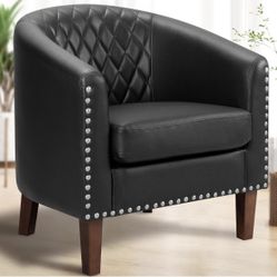 Barrel Chair, Comfy Accent Chair, Faux Leather Living Room Chairs Club Chair with Cushion, Nailhead Trim and Diamond Mesh Backrest, Reading Chair for 