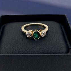 14K Yellow Gold Emerald And Diamond Three Stone Ring, Aesthetic, Fine Jewelry, Birthstone Jewelry, Gift For Her, Rings For Women
