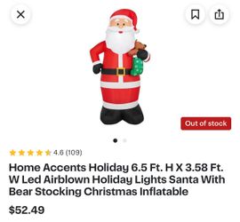 Home Accents Holiday 6.5 Ft. H X 3.58 Ft. W Led Airblown Holiday Lights Santa With Bear Stocking Christmas Inflatable