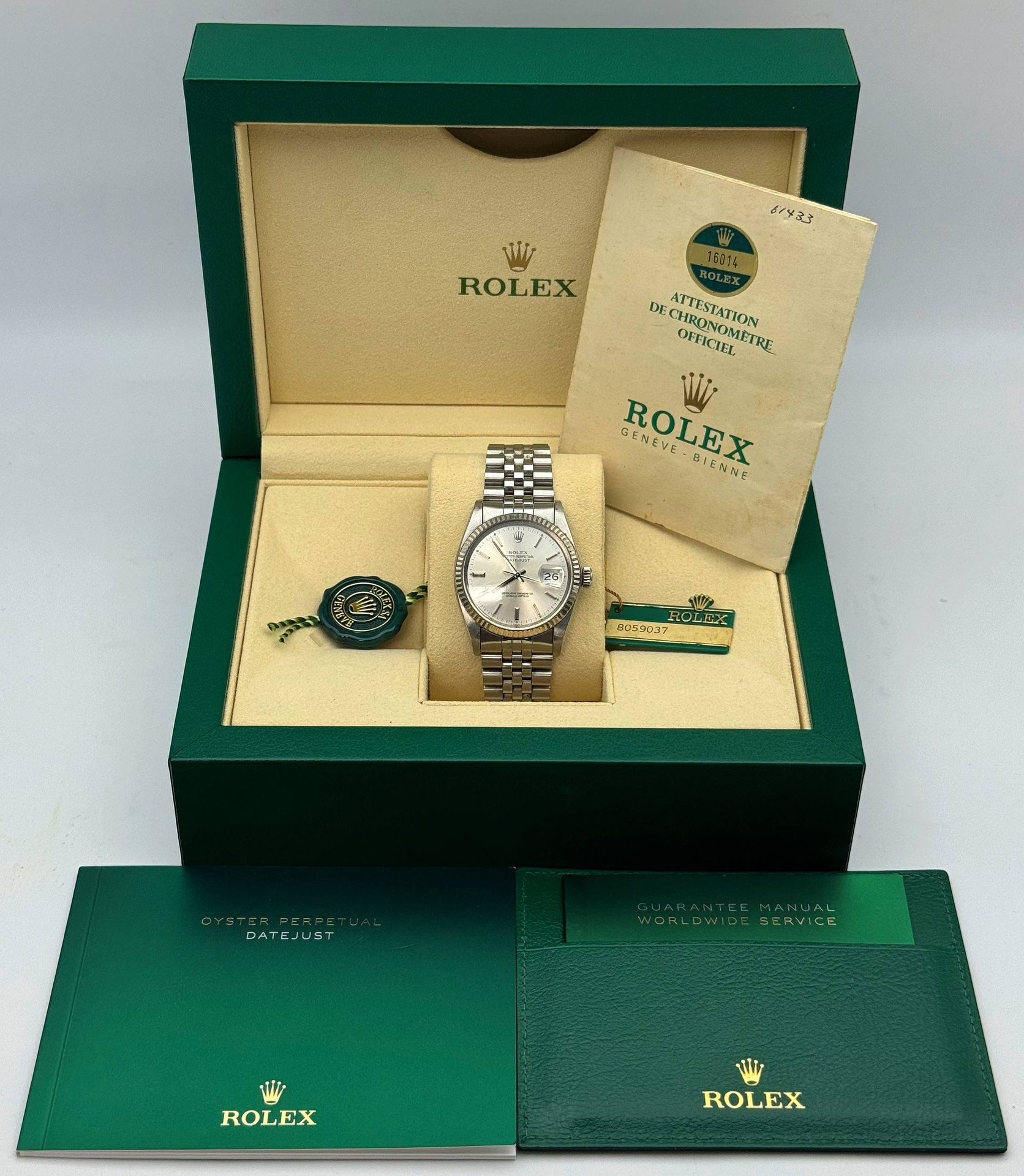 1984 Rolex Datejust 16014 36mm stainless steel jubilee bracelet factory silver stick dial white gold fluted Bezel watch box papers tag