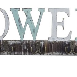 Wall Mounted Rustic Multicolored Solid Wood Towel Rack with 5 Dual Hooks and Decorative Towel Cutout Design