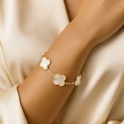 Gold & white four-leaf clover bracelet with mother of pearl inlays size small