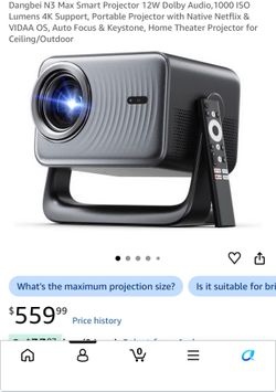Dangbei N3 Max Smart Projector 12W Dolby Audio,1000 ISO Lumens 4K Support, Portable Projector with Native Netflix & VIDAA OS, Auto Focus & Keystone, H