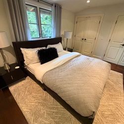 Queen size bedframe with dark gray, upholstery