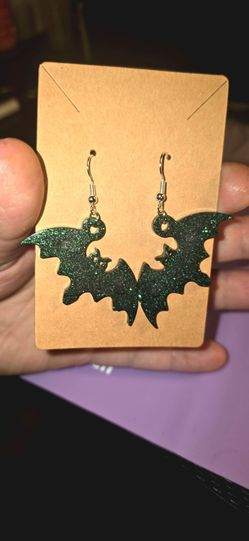 Black and Green Glitter Resin Bat Earrings