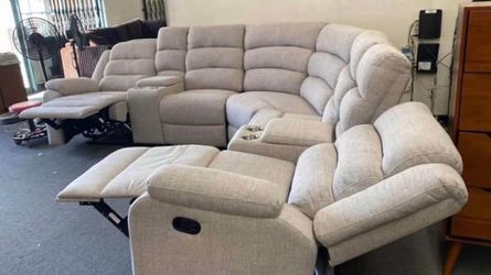New Reclining Sectional.  Beige Fabric.  126” x 116”.  Free Delivery!