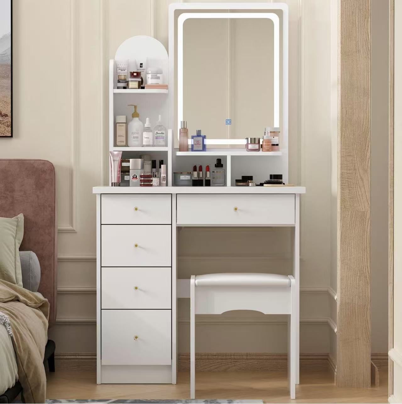 FUFU&GAGA Vanity Set with Rectangular Mirror, Makeup Vanity Dressing Table with 5 Drawers, Shelves, Dresser Desk and Cushioned Stool Set (KF210106-03H