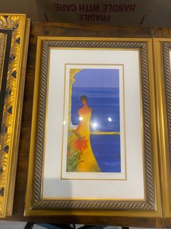 Signed Framed Art Print Woman in Yellow Dress