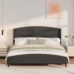King Bed Frame with Wingback Headboard, Platform Bed Frame with Velvet Upholstered Headboard, No Box Spring Needed, Grey