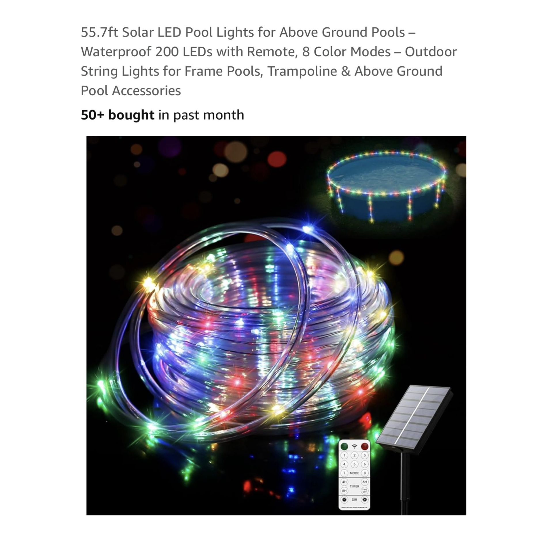 Brand new 55.7ft Solar LED Pool Lights for Above Ground Pools – Waterproof 200 LEDs with Remote, 8 Color Modes – Outdoor String Lights for Frame Pools