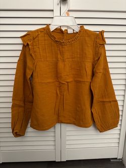 NWOT! Gap Girls Mustard Yellow Cotton Gauzy Ruffle Blouse Shirt Size L