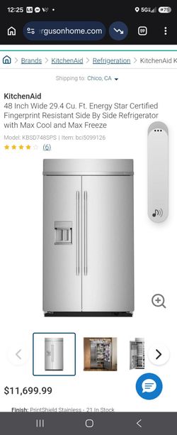 KitchenAid
48 Inch Wide 29.4 Cu. Ft. Energy Star Certified Fingerprint Resistant Side By Side Refrigerator with Max Cool and Max Freeze