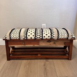 40” Modern Boho Upholstered Acacia Wood Storage Bench w/ 2 Drawers & Shelf