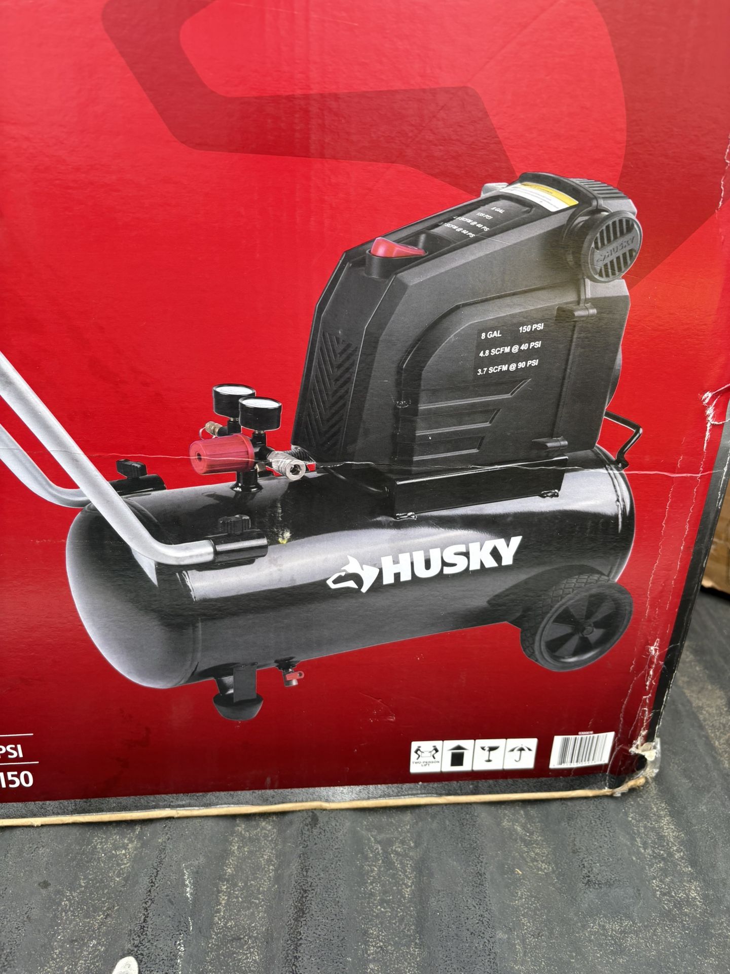 Husky 8 Gal. 150 PSI Portable Electric Oil-Free Horizontal Hotdog Air Compressor with Rubber Wheels and 1-Quick Coupler Store SKU# 1002-714-648