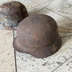Pair Two vintage battlefield found German military helmets WW2 WWII man cave decor 