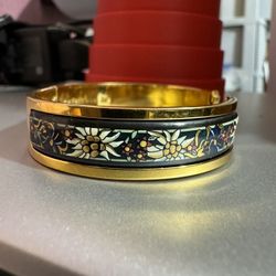 24K Yellow Gold Played M.Frey Wille Flower Enamel Ballerina Bangle Bracelet