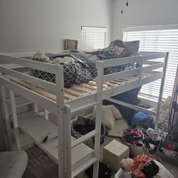 LCH Full Loft Bed with Desk and Shelves, Wood Loft Beds Frame with Bookcase, Modern High Loft for Kids Boys Girls Teens, Full Size, White
