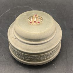 Vintage Aluminum Musical Powder Box With Crown Adorned Top—Works