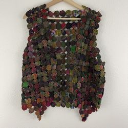 Vintage 90s Handmade Brown Green Multi Thai Silk Open Sleeveless Cardigan Vest