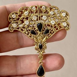 TWO 1928 Brand Brooch Pins Black & Clear Faceted Cabochons 