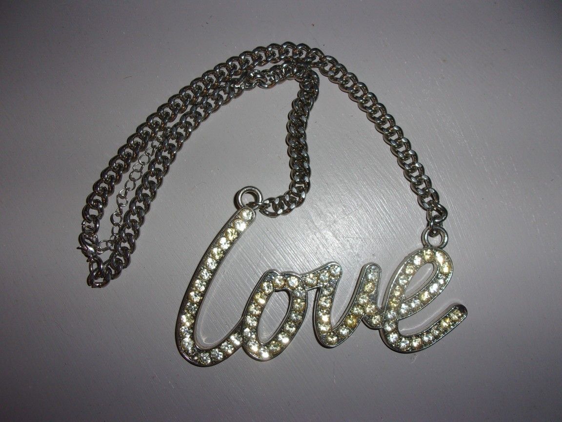 Love necklace huge rhinestone pendant on dog chain 1990s bling jewelry