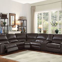 Brand New Espresso Leather-Aire Power Motion Sectional Sofa Built-in USB Charger & Cupholders 