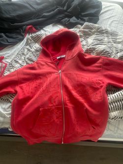 Red Zip-Up Hoodie with Embroidered Lettering designer