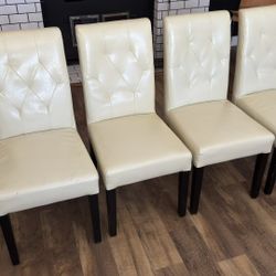 Set of 4 Genuine Leather Tufted Dining Chairs – Cream/White