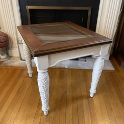 Vintage Wood & Glass Top Side Table - Turned Legs / Cottage Style