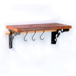 Brand new Jasmine Wall Mounted Floating Shelves,Iron Brackets with 17-inch Wood Board Towel Bar and 3 Removable Hooks for Kitchen Living Room Home Dec