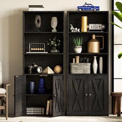 Set of 2 Industrial Bookshelves and Bookcases with Doors and Shelves 11.8in Deeper engineered-wood, concealed storage, anti-tip bracket, each shelf su