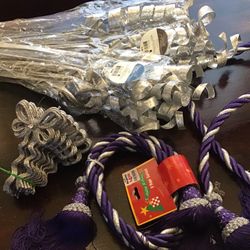 Christmas decorations and 100 foot silver wired ribbon