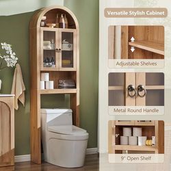 Arched Over The Toilet Storage Cabinet with Acrylic Doors,Natural Oak Modern Over Toilet Bathroom Organizer Shelf, Small Wooden Bathroom Storage Cabin