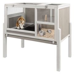 Elevated Guinea Pig Cage 36.6" H Wooden Outdoor Rabbit Hutch with Wire Netting Above The Pull Out Tray, Detachable Legs Hamster Cage Pet House for Sma