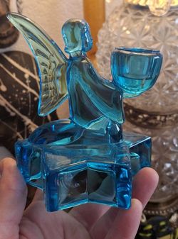 LE SMITH Vintage Angel And Star Teal Blue Candle Holder 4.75" height
