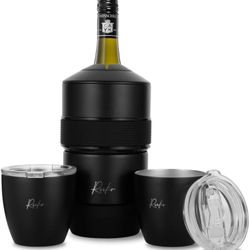 Wine Bottle Chiller and Tumbler set - Portable Stainless Steel Single Wine Bottle Cooler- Stemless Wine Tumblers - Keeps Wine Cold for up to 6 Hours