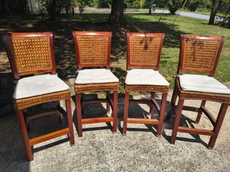 Set of 4 Wooden Bar Stools – Woven Rattan Backs + Cushioned Seats