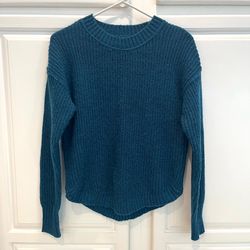 So Goods For Life Womens S Crew Neck Sweater Teal Chunky Knit Curved Hemline