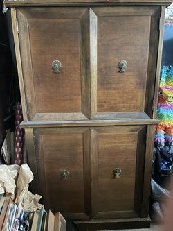 Pair Vintage Solid (Walnut?) Mid-Century Chinoiserie Cabinets, Brass Pulls