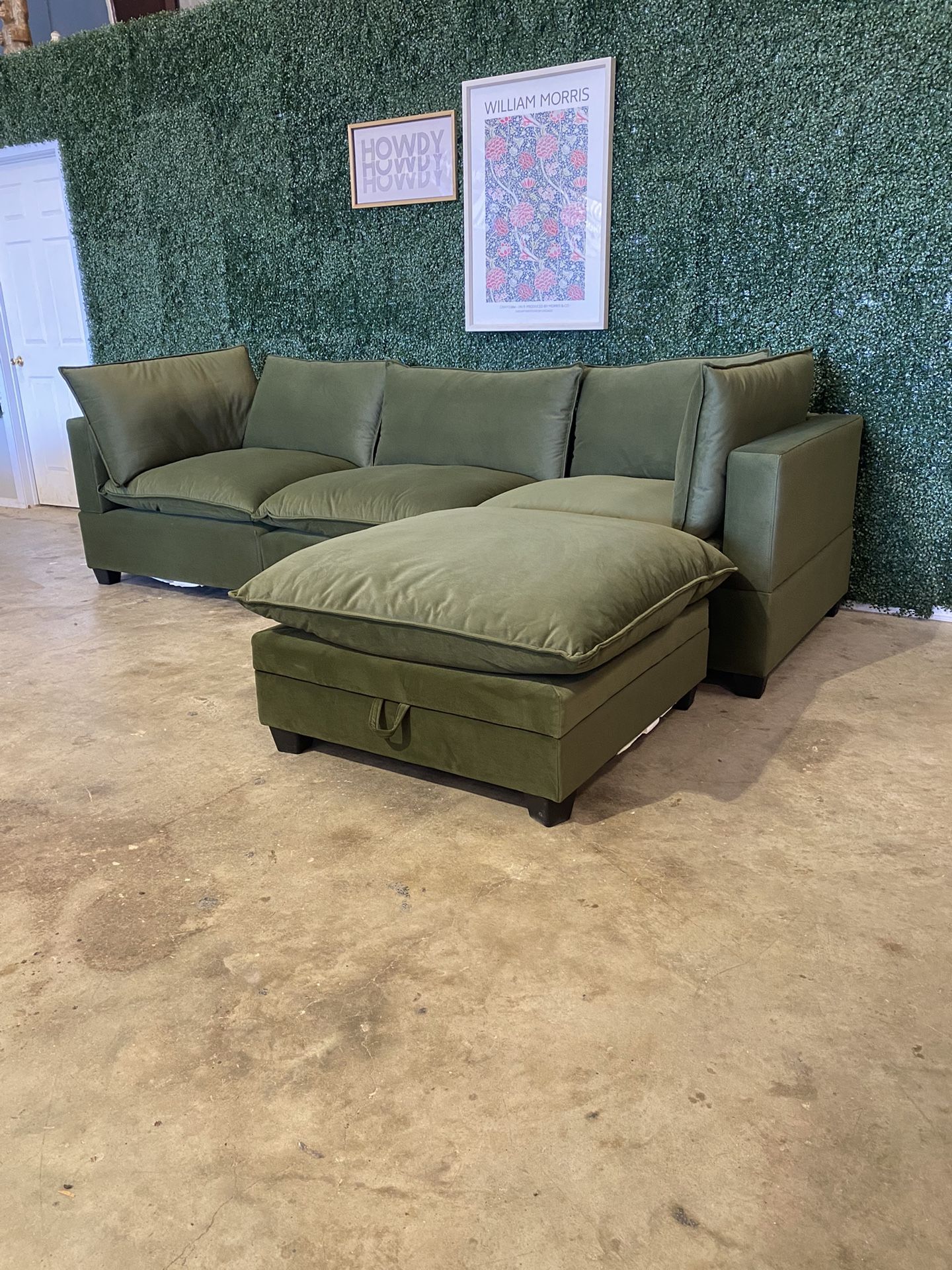 Olive Green Cloud Sectional Couch With Storage Ottoman Delivery available 🚚