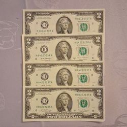 Lot Of Four Uncerculated 2017 Series A 2 Dollar Bills
