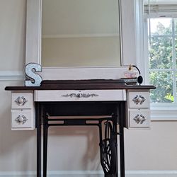 Stunning Antique Singer Sewing Machine Table Repurposed Into Make-up Vanity 