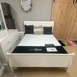 White Sleigh Bedroom Set//Dresser, Mirror, NightStand, Bed// Mattress Sold Separately 