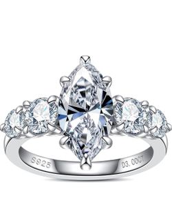 4.6 Carat Marquise Cut with Solitaire Cut Side Stones 18kt White Gold Sterling Silver Ring