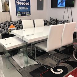 New White High Gloss Top/glass Legs Table With 4 Chairs Set We Finance $39 Initial Payment 